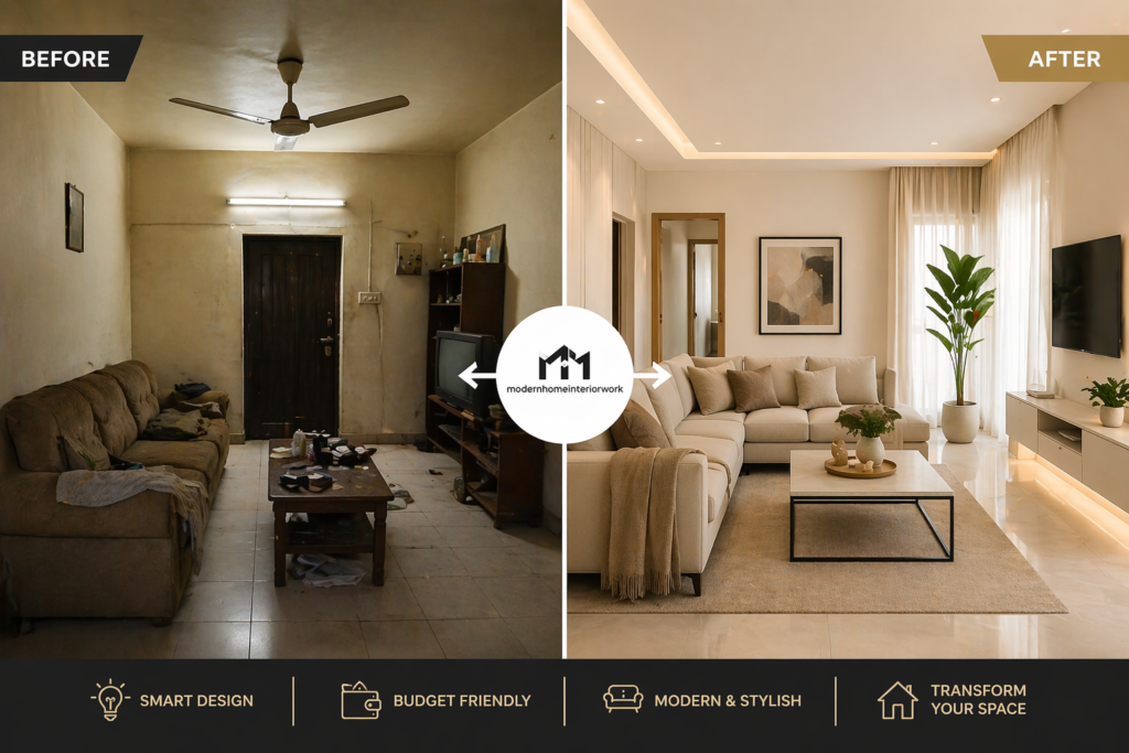 Before and after affordable interior design transformation in Riyadh apartment showing messy old room and modern clean stylish upgraded space