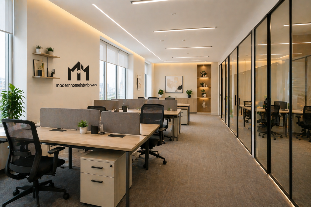 Affordable modern office interior design in Riyadh with clean workspace, glass partitions, ergonomic chairs and organized professional layout