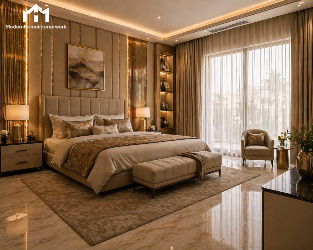 Luxury bedroom interior design Riyadh with king size bed, soft lighting, gold accents, modern wall panels and elegant decor