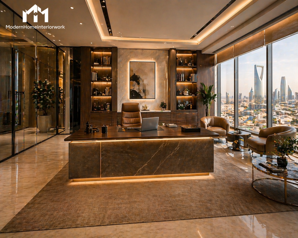 Luxury office interior design Riyadh with executive desk, leather chair, glass walls, city view and modern professional workspace