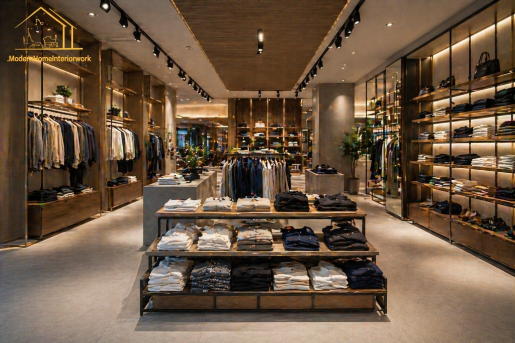 Retail commercial interior design Riyadh clothing store with stylish product displays, warm lighting, clean shelves and premium shopping environment