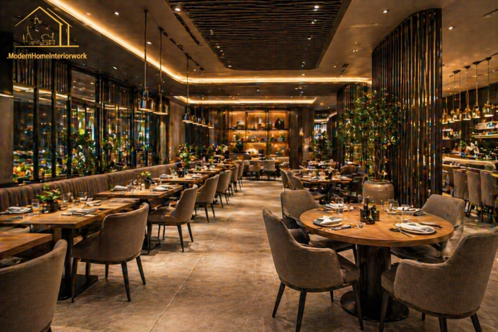 Restaurant commercial interior design Riyadh with modern dining space, elegant seating, warm ambient lighting and luxury atmosphere