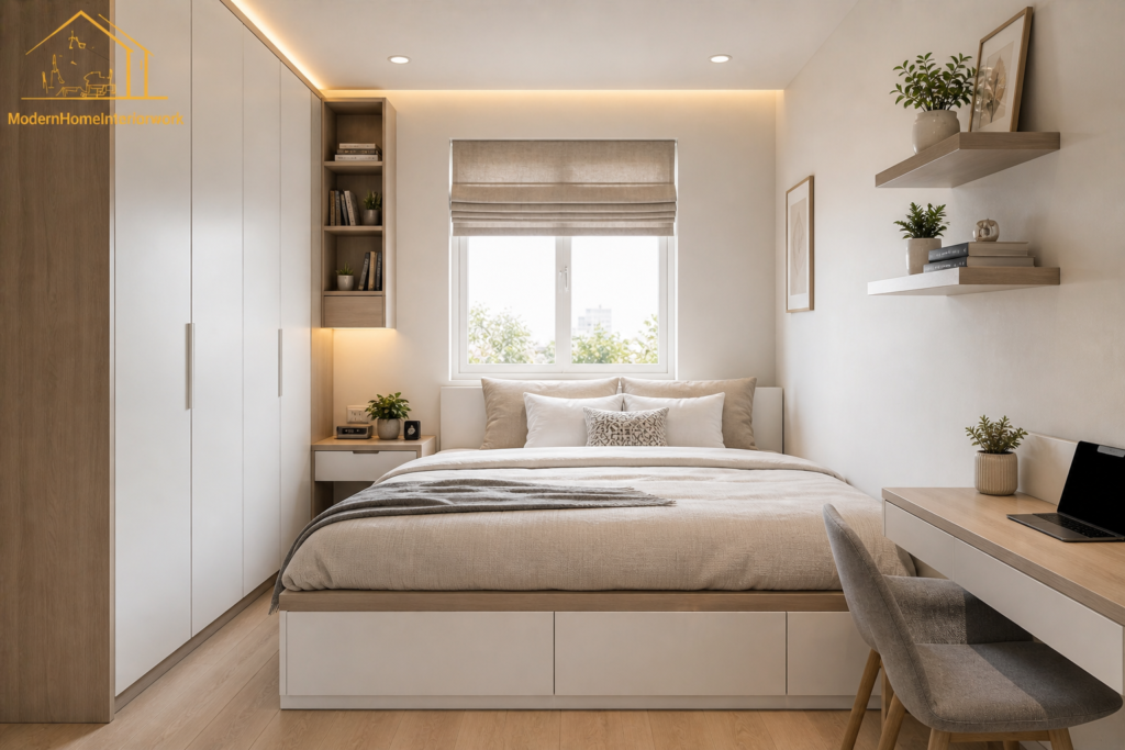 Small modern bedroom interior design with storage bed, wall shelves, compact layout and bright organized space