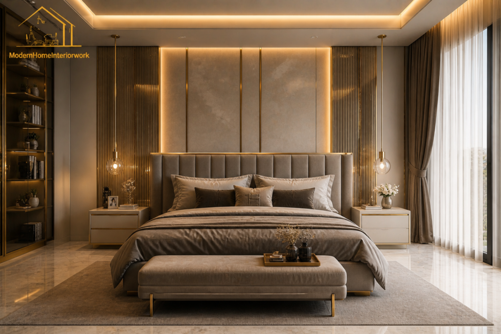 Luxury modern bedroom interior design with premium bed, wall panels, LED lighting and elegant gold accent decor